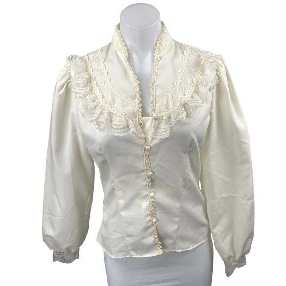 Vintage Sauci Cream Long Puff Sleeve Ruffle Floral Lace Button Up Blouse Top M - Picture 1 of 4